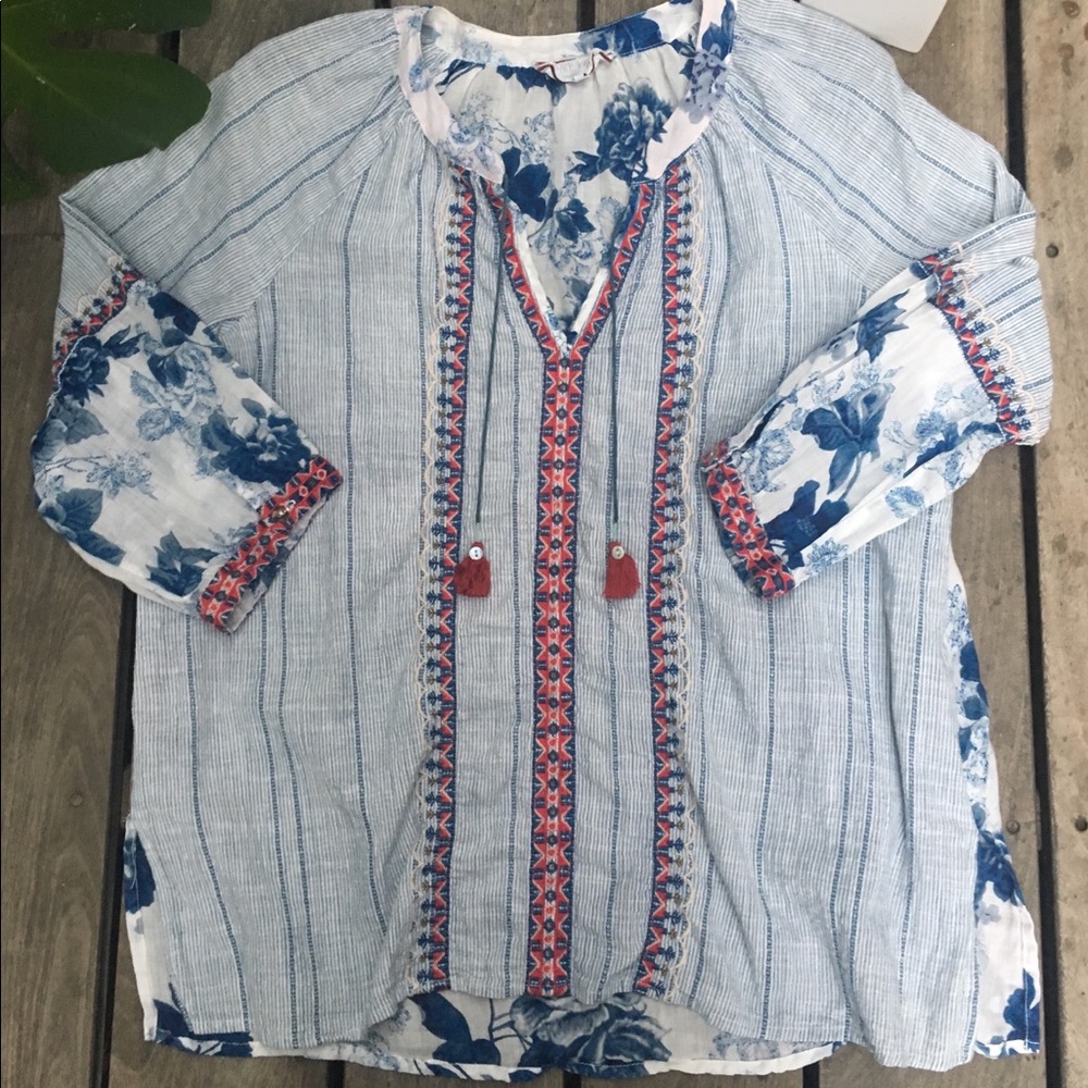 Johnny Was Striped Blouse with Blue Floral and Red Embroidery